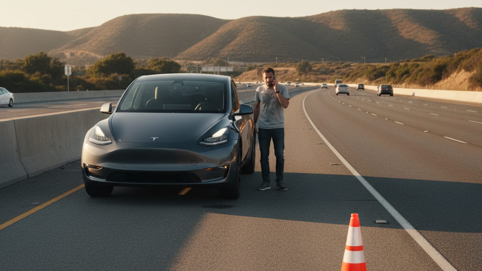 A stranded EV on the shoulder of I-5 near Carlsbad with a Charge Pro Cybertruck approaching from behind