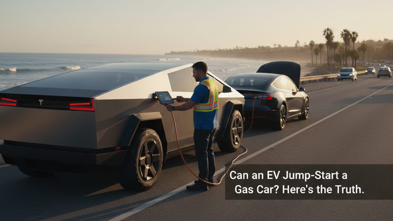 A Tesla Model 3 connected with jumper cables to the hood of a Nissan Altima on a sunny San Diego street.