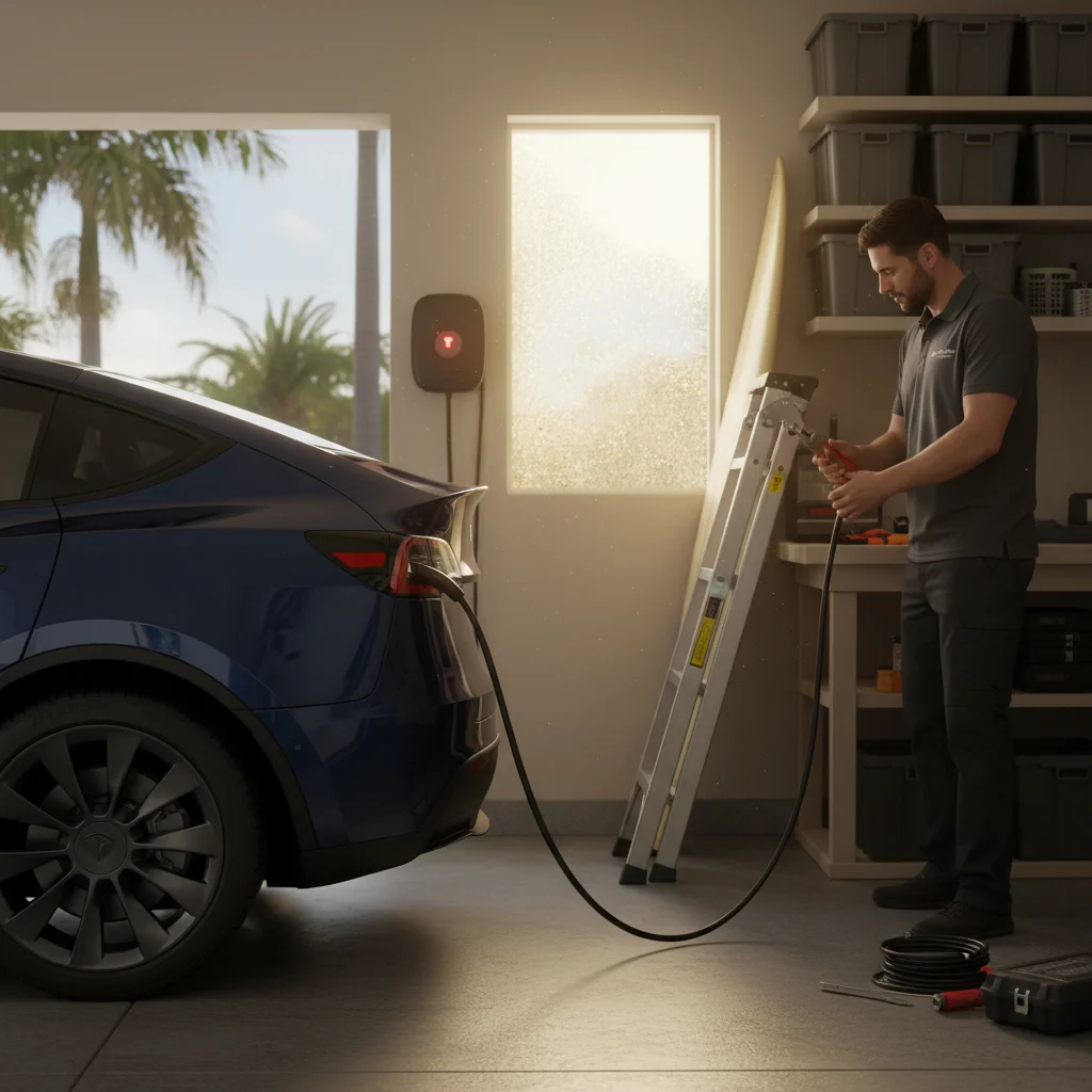 A wall-mounted Level 2 EV charger in a garage showing an error light while plugged into a Tesla