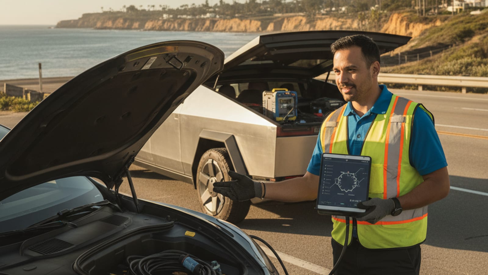 An EV technician performing a tire rotation on an electric vehicle in a San Diego garage, with a Charge Pro SD Cybertruck visible in the background.