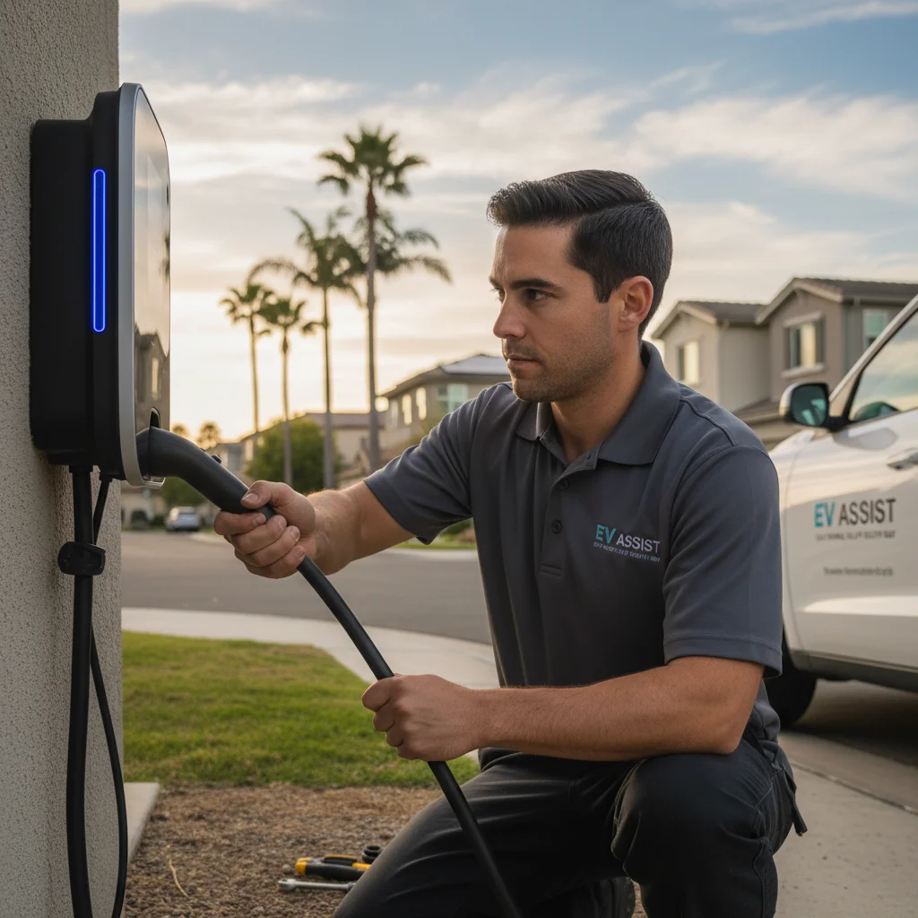 Technician plugging a CCS charger into a Hyundai Ioniq 5 on a residential Otay R