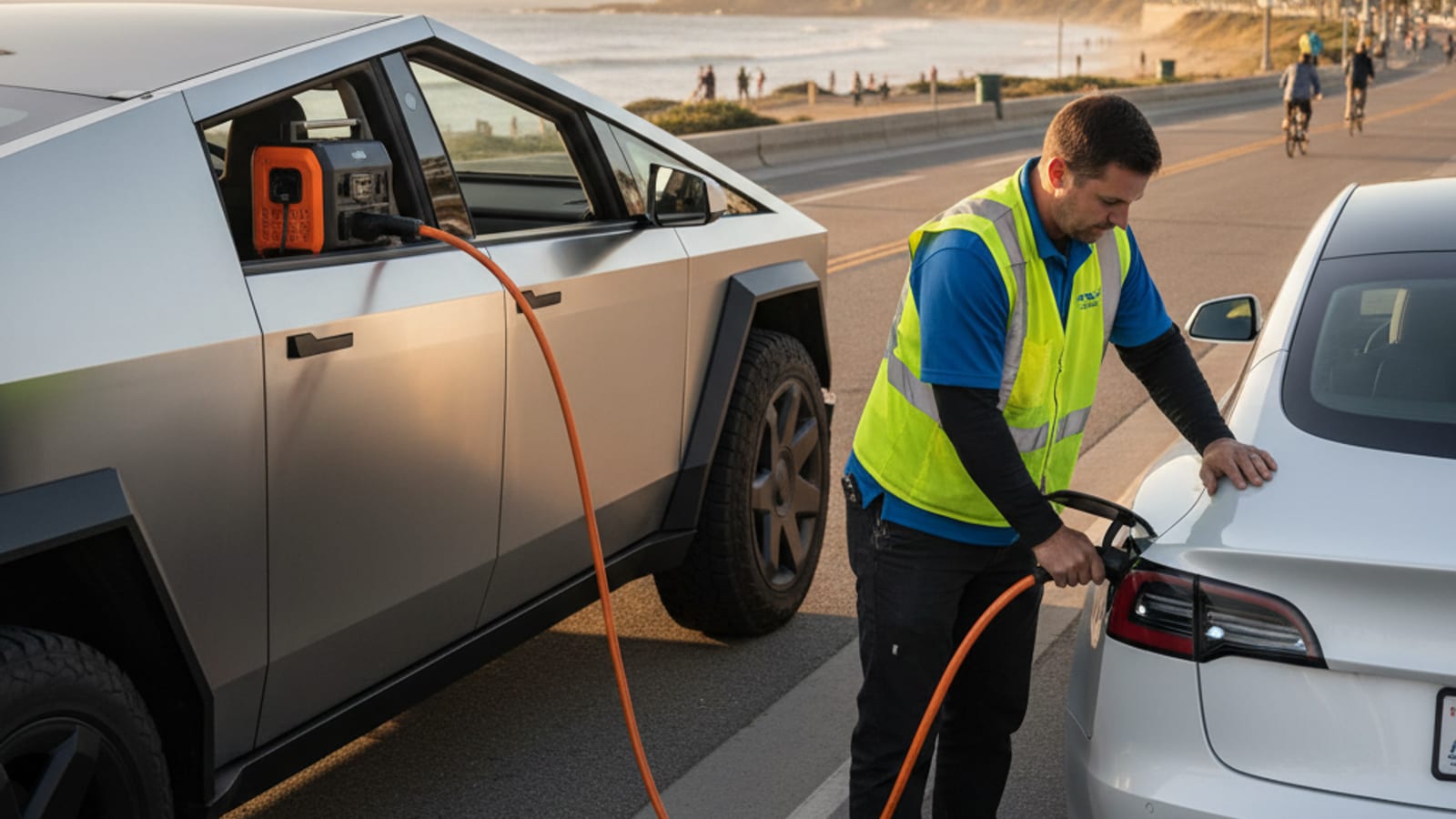 Charge Pro SD Tesla Cybertruck charging a stranded Tesla Model 3 on a scenic Del Mar road near the ocean
