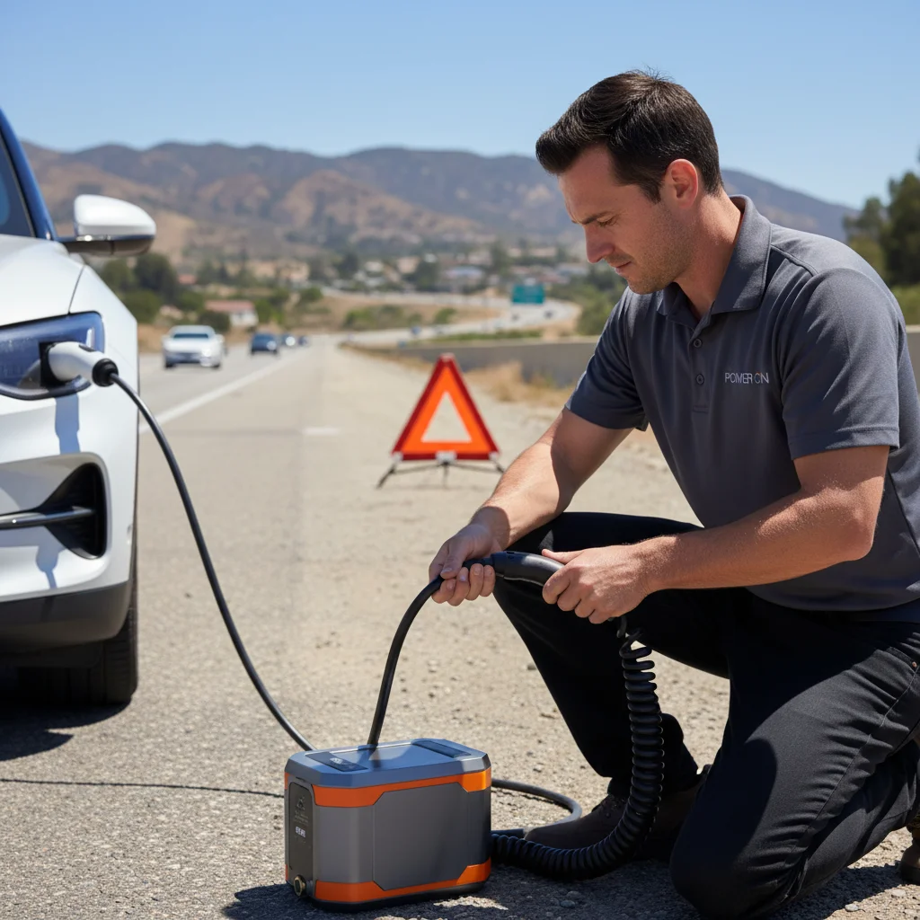 Technician in branded jacket connecting a portable CCS charger to an EV on an El Cajon street with the Cuyamaca foothills in the distance