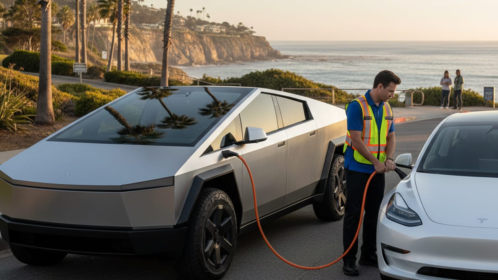 A Tesla Cybertruck charging a stranded Tesla Model 3 on a scenic street in La Jolla, San Diego, with palm trees and ocean in the background.