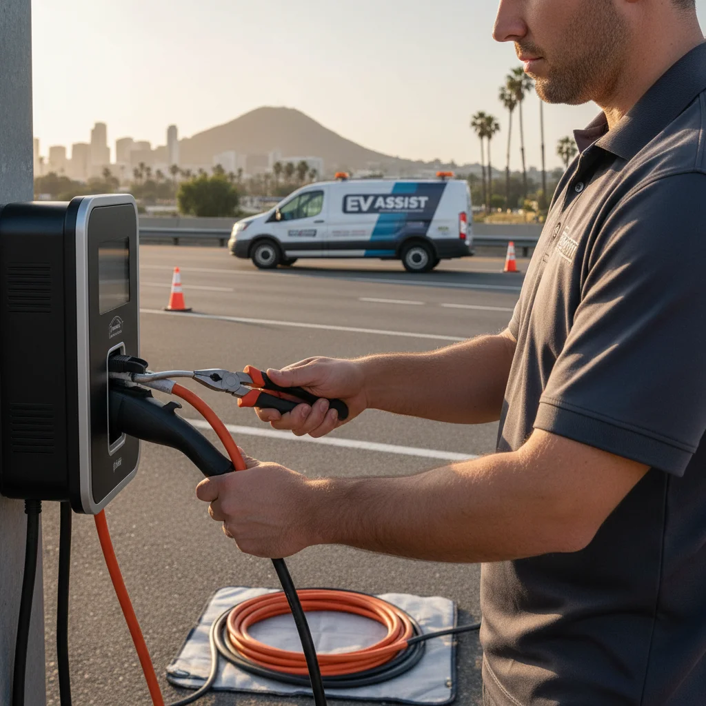 Technician in branded jacket plugging a portable charger into a Ford Mach-E on a