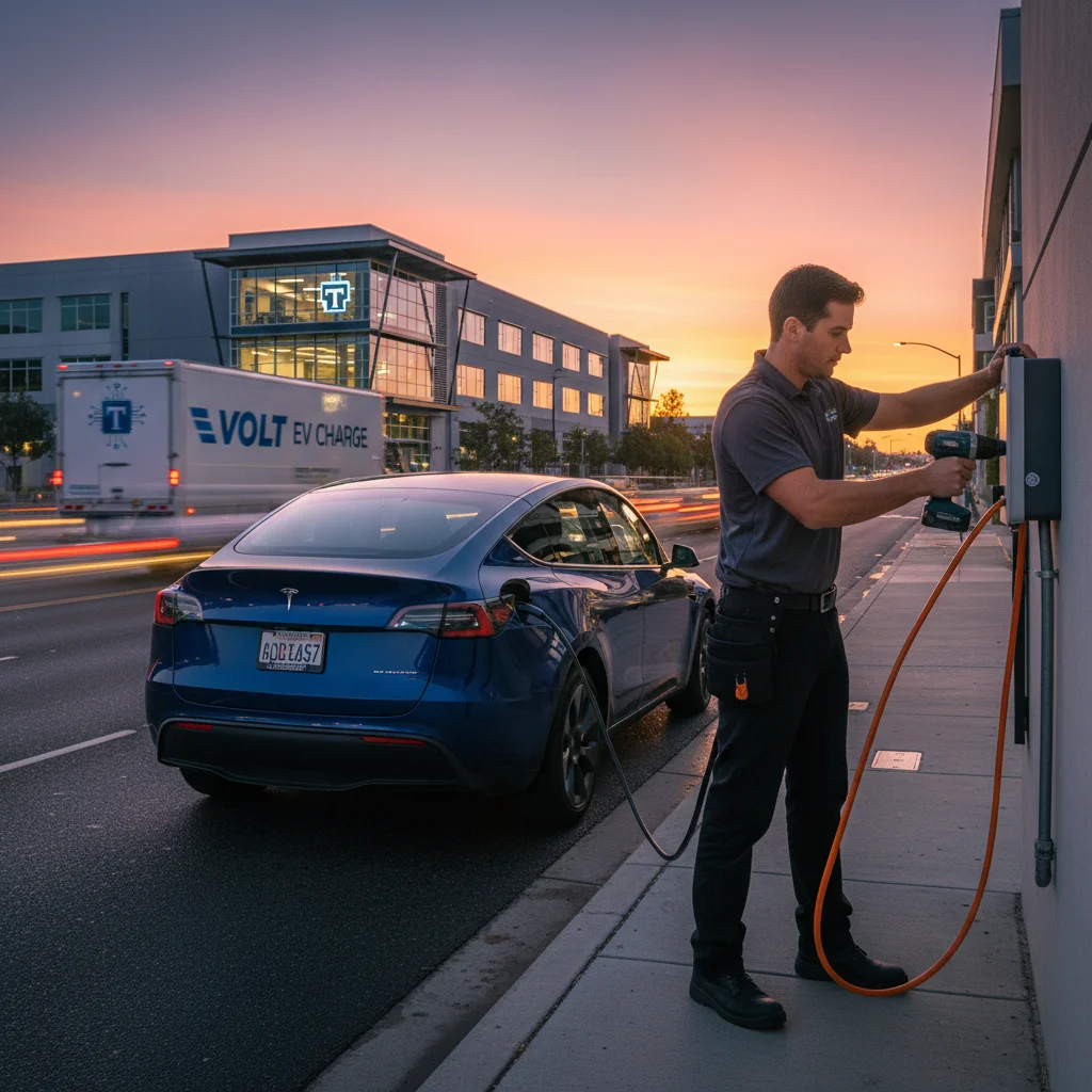 A Tesla Model Y stranded on Sorrento Valley Road during commute hours with a Charge Pro SD rescue truck arriving.