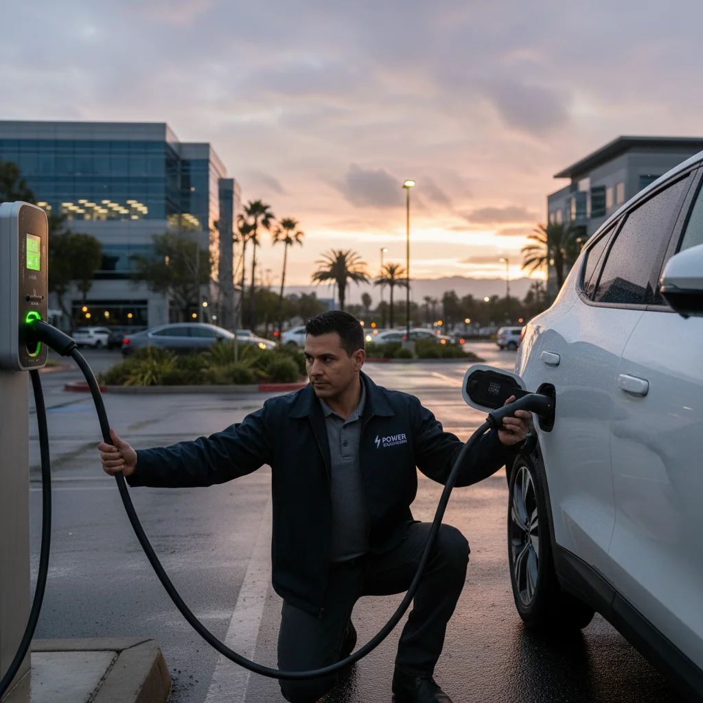 Technician in a branded jacket plugging a charger into an EV in a Mira Mesa offi