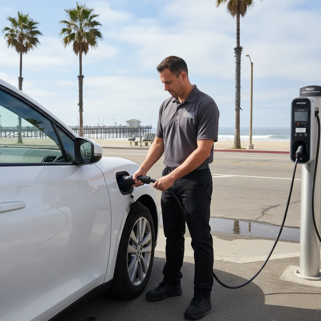 Technician plugging a mobile charger into an EV on an Imperial Beach street with the pier in the background.