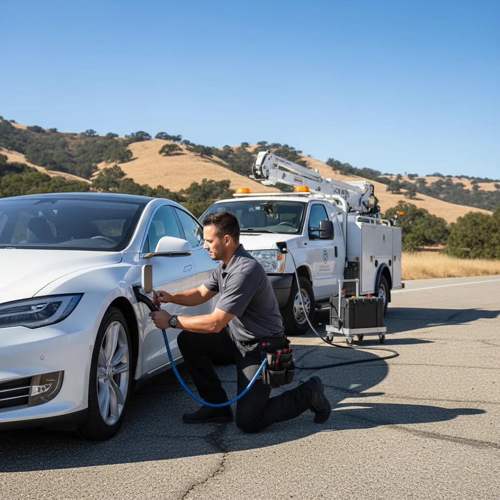 White Tesla Model Y stopped on the shoulder of Pomerado Road in Poway with rolling brown hills and a mobile charging truck approaching