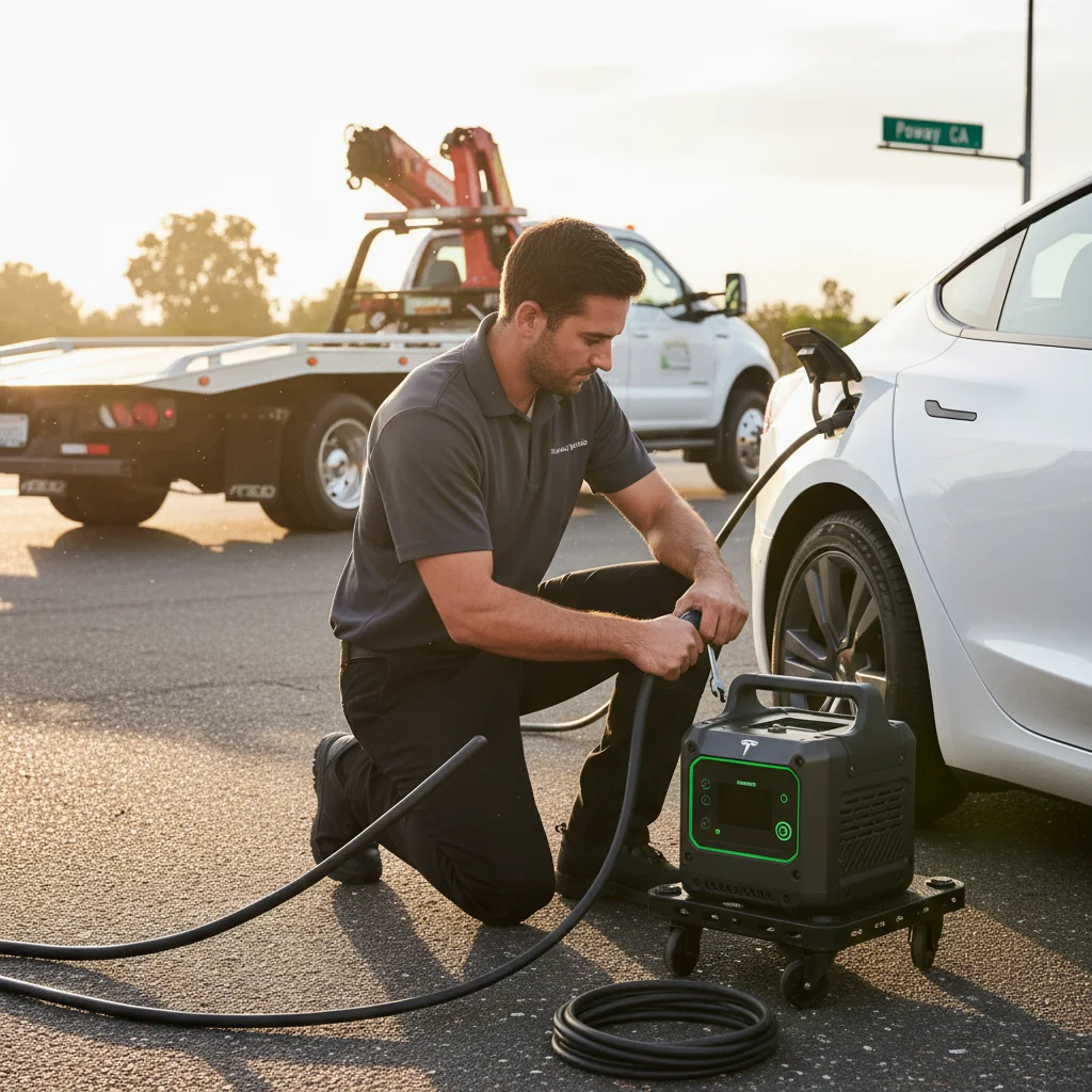 Close-up of a CCS connector being plugged into an EV by a uniformed technician, 