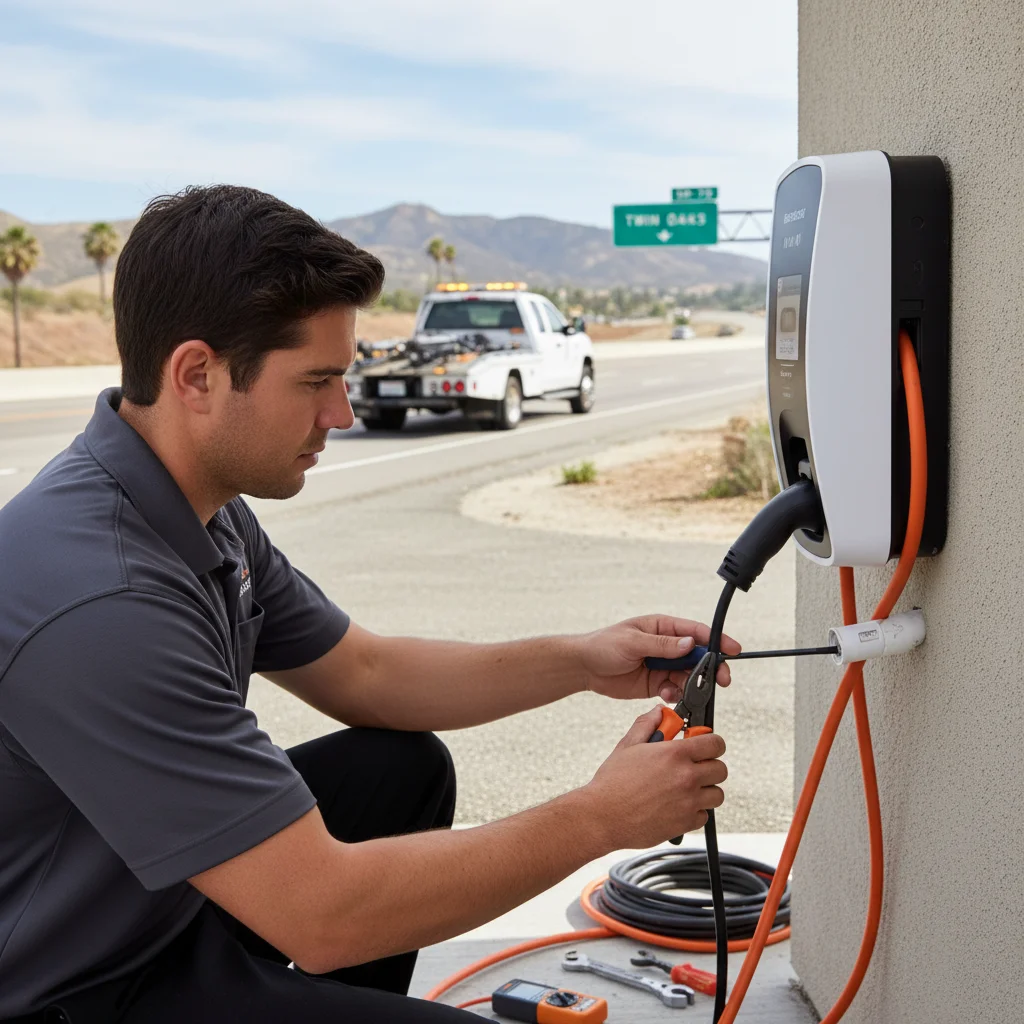 Technician in a branded jacket plugging a portable charger into a Hyundai Ioniq 5 on a Twin Oaks Valley residential street, photorealistic