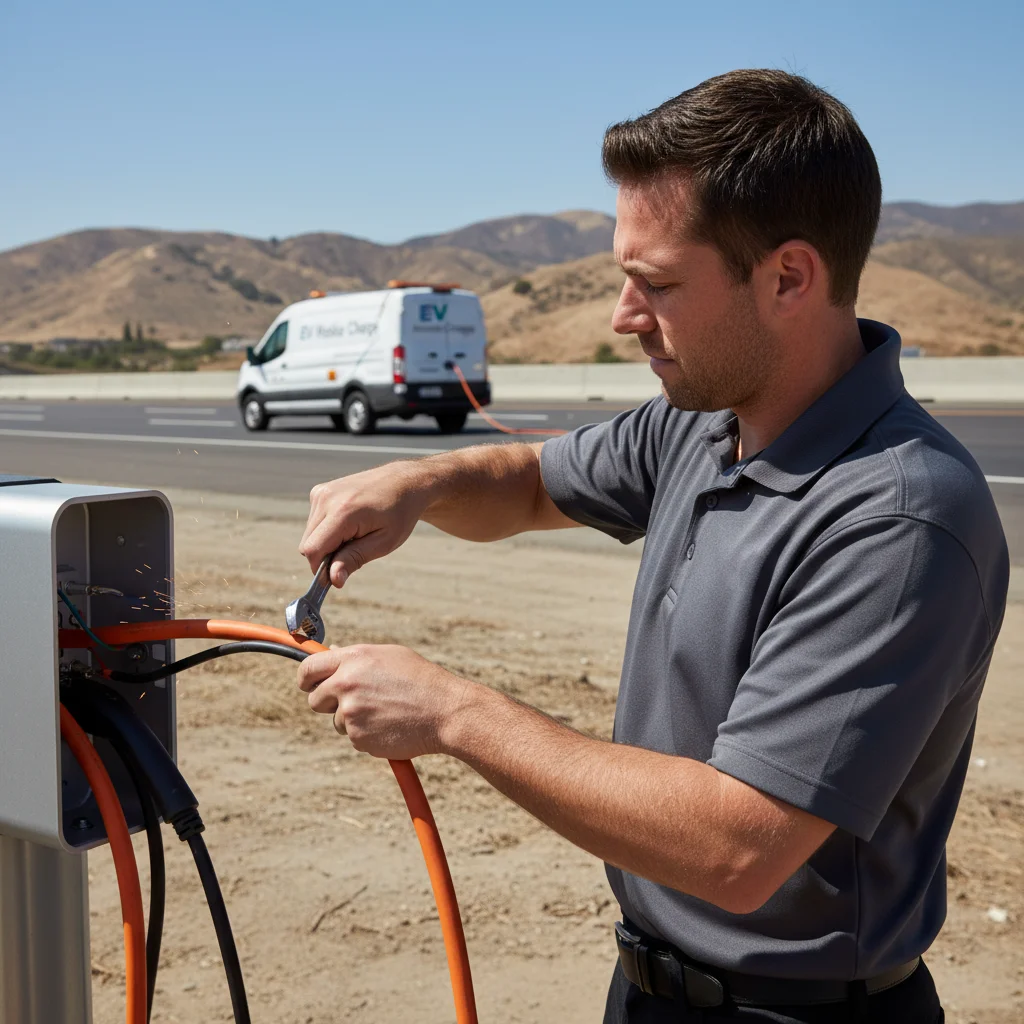 Technician in branded jacket plugging a CCS cable into a Hyundai Ioniq 5 on a Sa