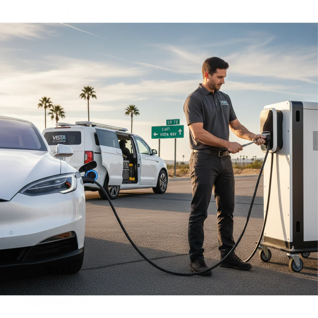 Rivian R1S on the SR-78 shoulder near Vista with avocado groves behind and a mobile EV charging truck approaching