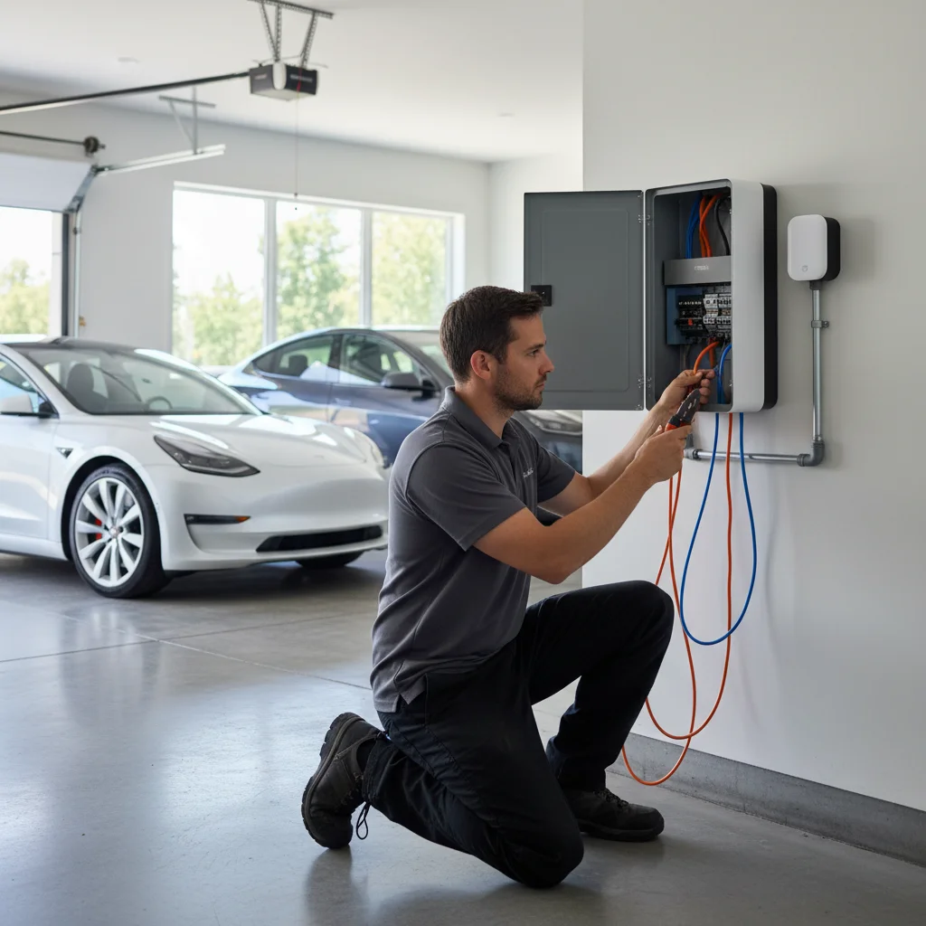Tesla Model 3 tow eye cover removed showing exposed jump terminals with portable jump pack connected