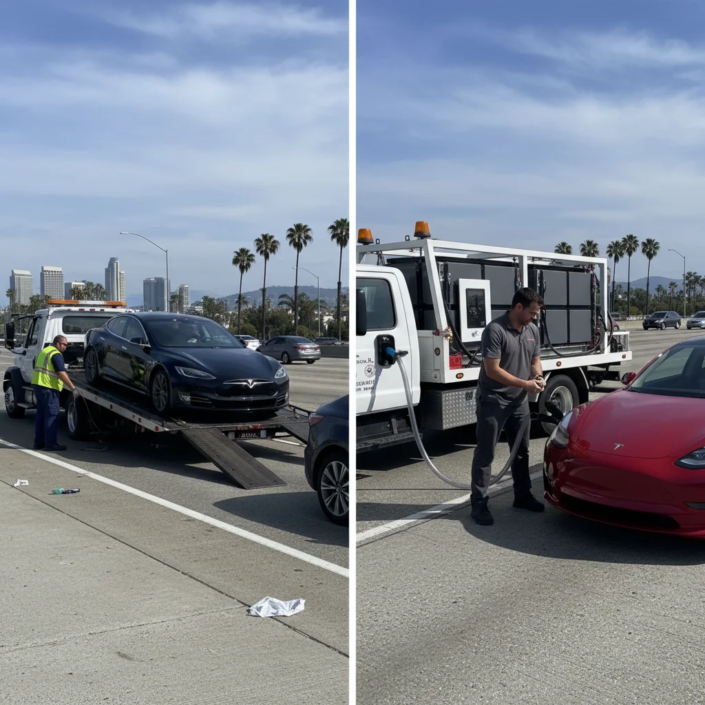 Split-frame photo of a tow truck loading an EV and a mobile charger plugging into an EV on a San Diego freeway.