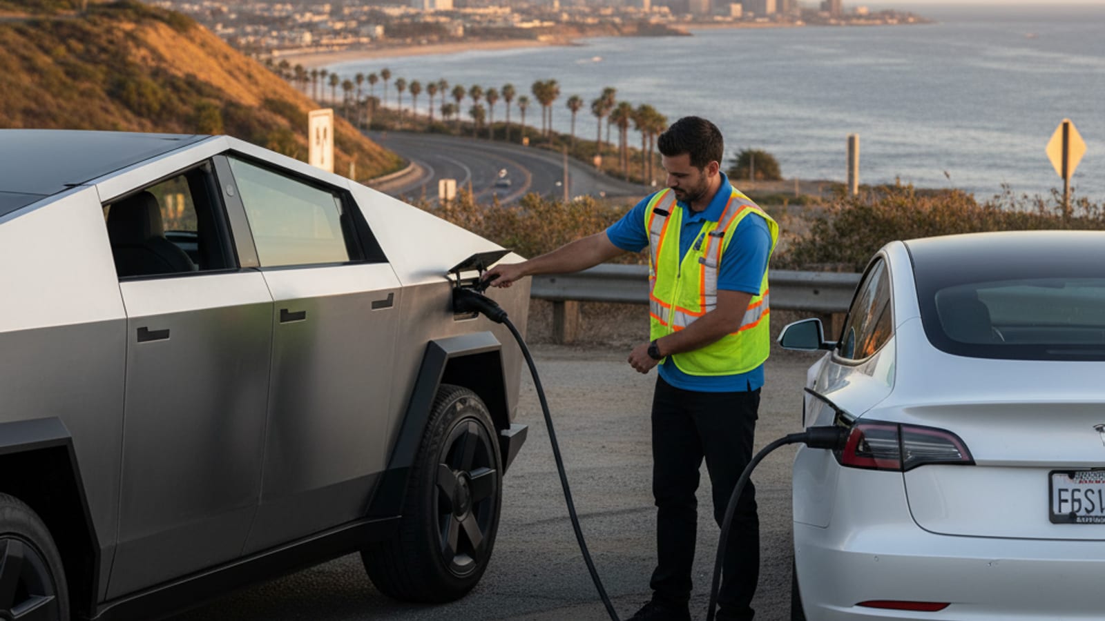 A Tesla Cybertruck with a mobile EV charging unit connected to a stranded electric car on the side of a San Diego freeway, with palm trees in the background.