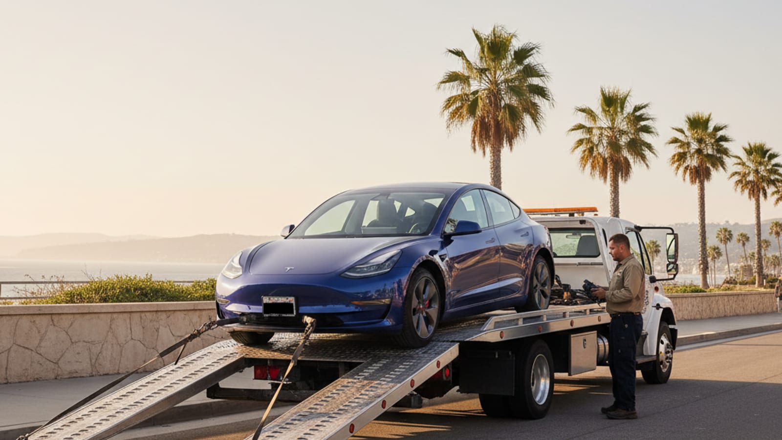 Split scene showing a flatbed tow truck loading an EV on the left and a mobile charging van plugged into an EV on the right on a San Diego street