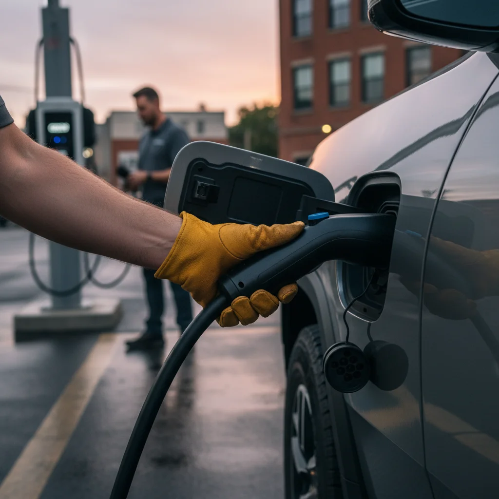 A hand reaching to unplug a CCS cable from a Rivian R1T charge port at dusk.