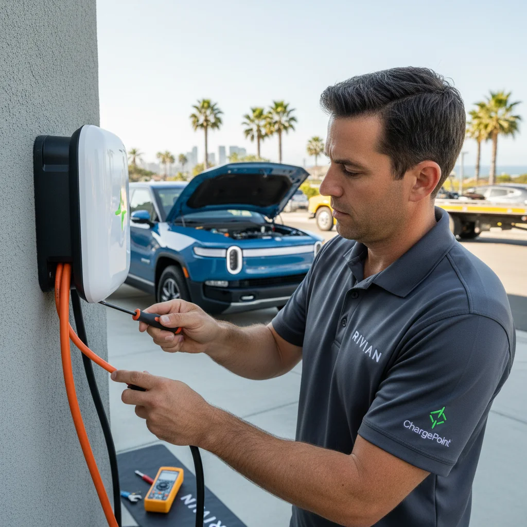 Close-up of a CCS connector being inserted into a Rivian R1T charge port by a un