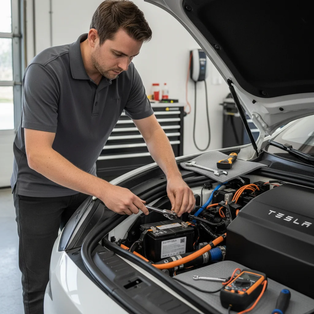 Technician installing a 12V battery in a Tesla with a multimeter and torque wrench on the workbench