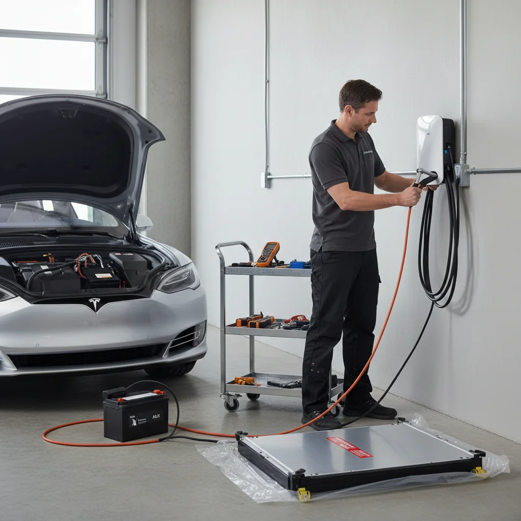 Tesla Model 3 in a San Diego driveway with a dark touchscreen and a concerned driver