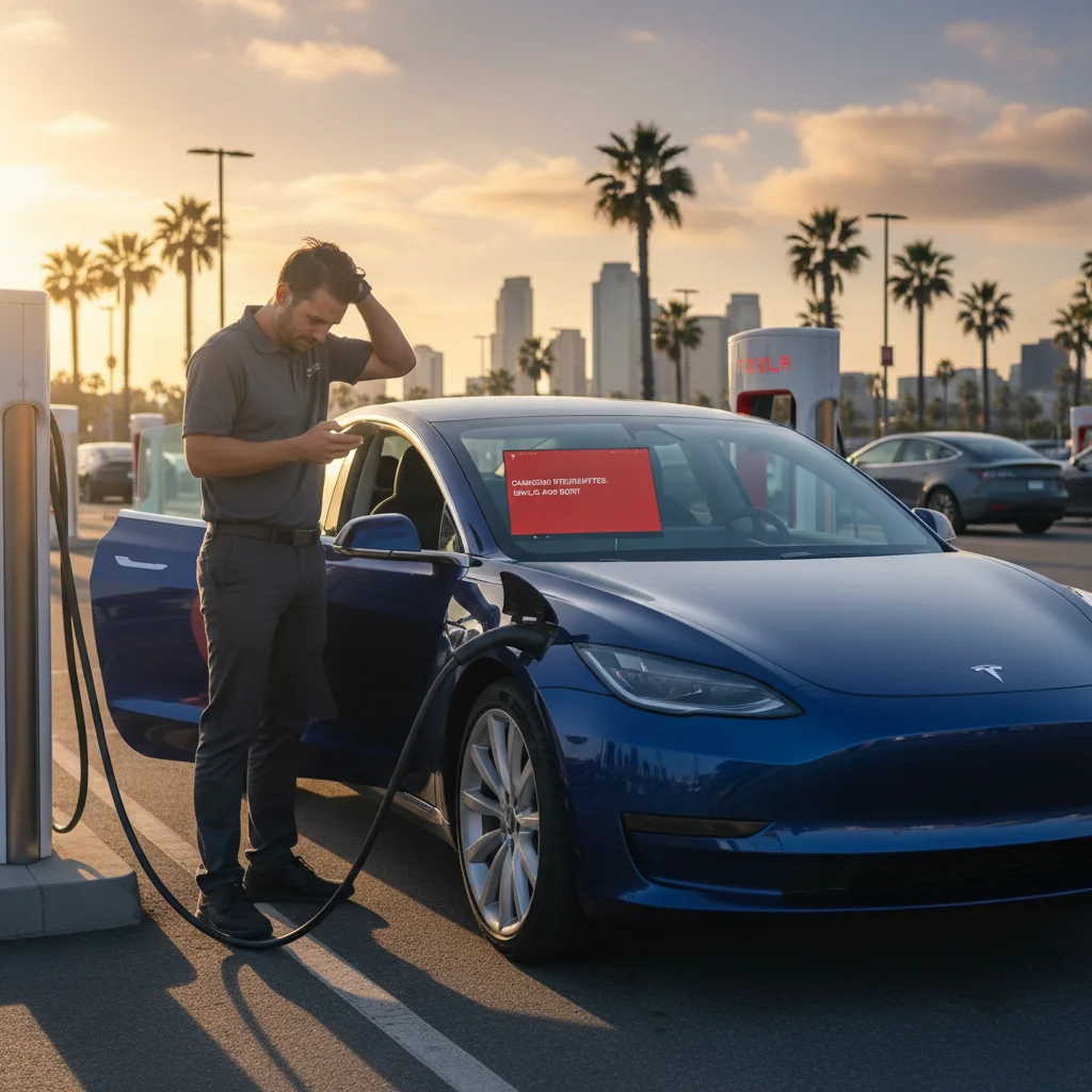 A Tesla driver looks at their phone with a frustrated expression, parked at a non-working Supercharger in San Diego.