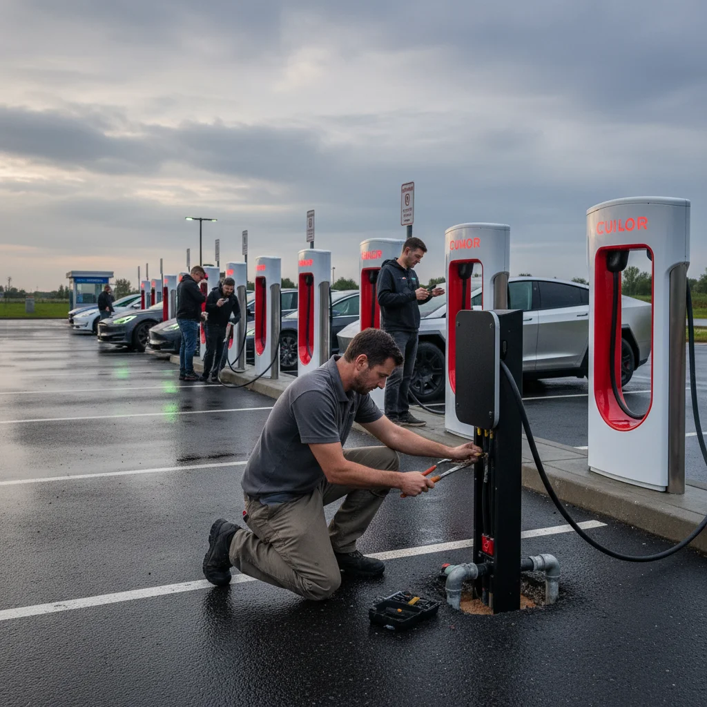 Tesla Supercharger station with a few stalls full and several with red error indicators, drivers waiting outside their cars, photorealistic