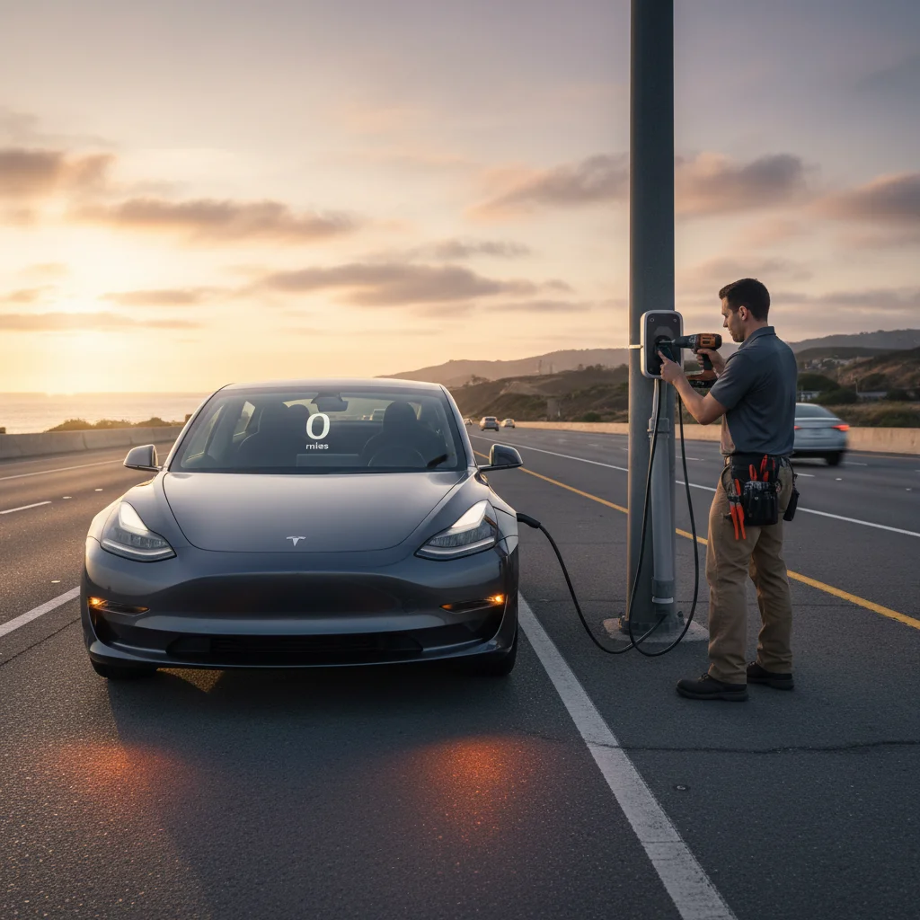 A Tesla Model 3 stopped on a San Diego shoulder with the dashboard reading 0 miles and hazard lights flashing, late afternoon light