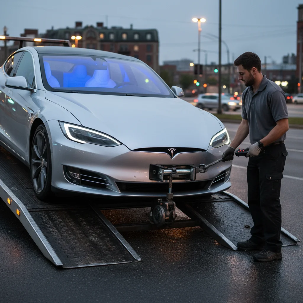 Tesla being loaded onto a flatbed in neutral tow mode with the wheels straight, technician guiding the winch, photorealistic